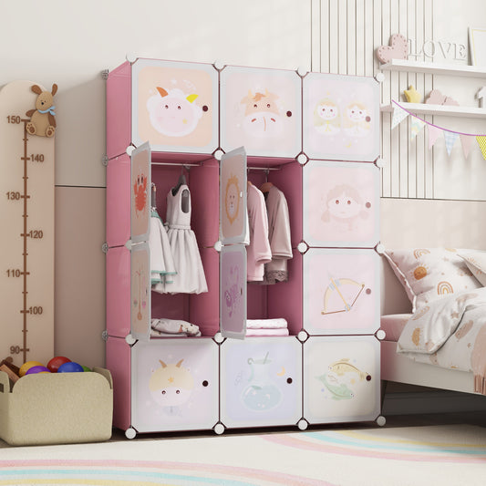 12 Cube Kids Wardrobe Closet with Hanging Section and Doors-White and Pink, White & Pink Kids Storage White & Pink at Gallery Canada
