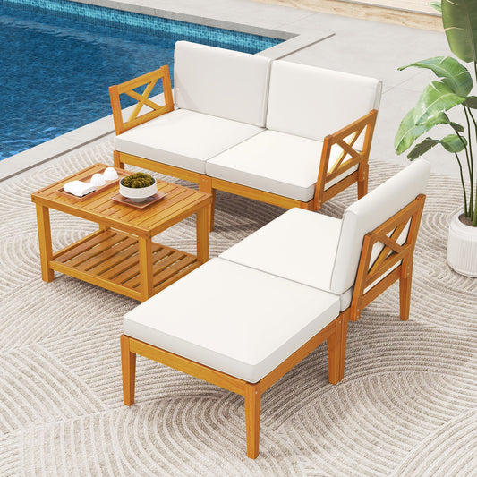 5 Pieces Acacia Wood Patio Furniture Set with 2-Tier Coffee Table and Cushions, White Patio Conversation Sets at Gallery Canada