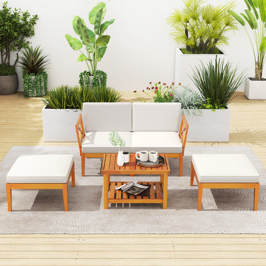 Acacia Wood Patio Chaise Lounge Chair Set, 5 Pieces, White Patio Conversation Sets White at Gallery Canada