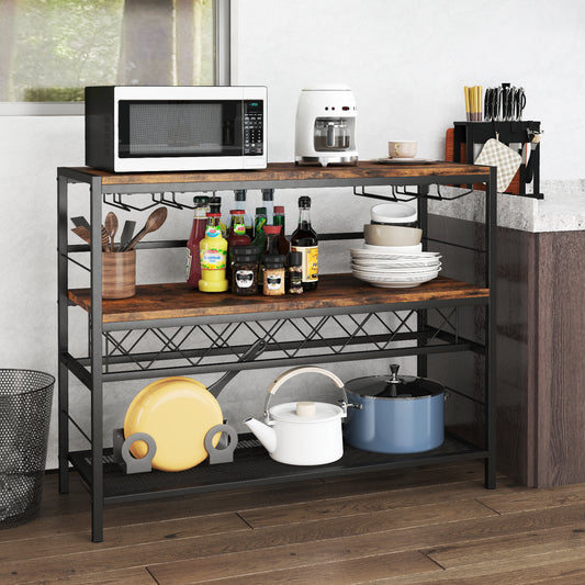 41 Inch 4-Tier Bar Table, Wine Rack, 4 Glass Holders, Rustic Brown