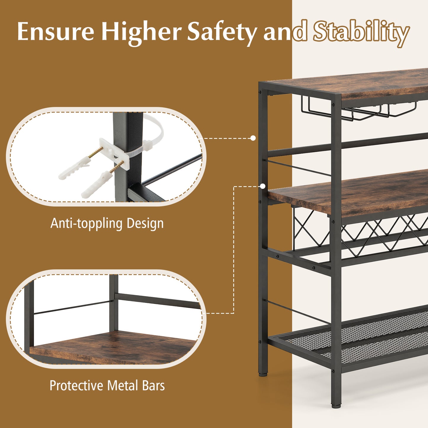 41 Inch 4-Tier Bar Table with Wine Rack and 4 Rows of Glass Holders, Rustic Brown Wine Racks at Gallery Canada