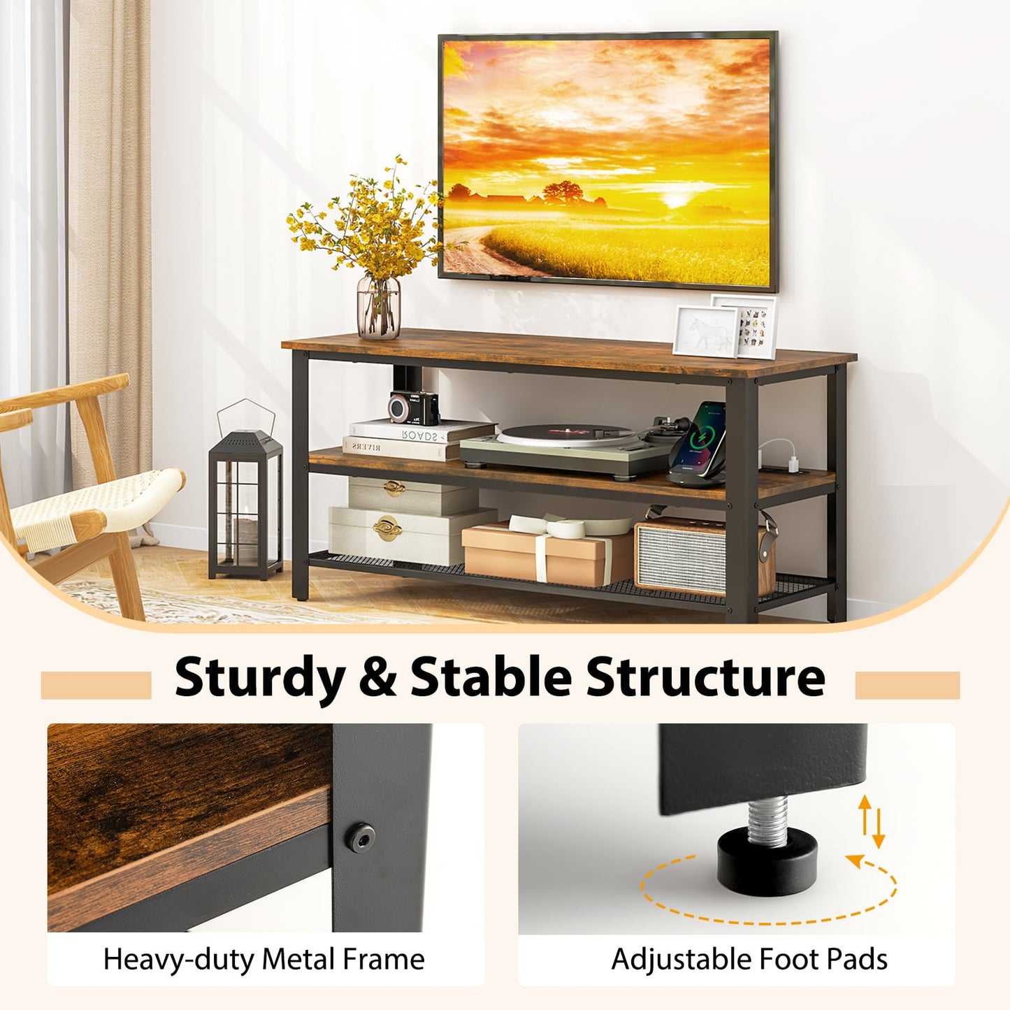 Industrial TV Stand, 50 Inches, Power Outlets, USB Ports, Rustic Brown