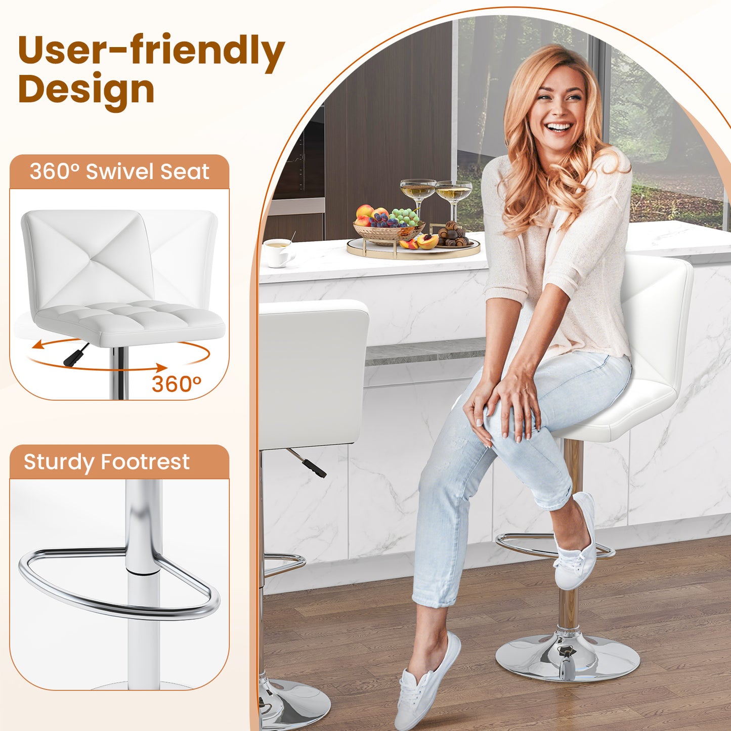 PU Leather Upholstered Bar Stools Set of 2 with Back and Adjustable Height, White Bar Stools at Gallery Canada