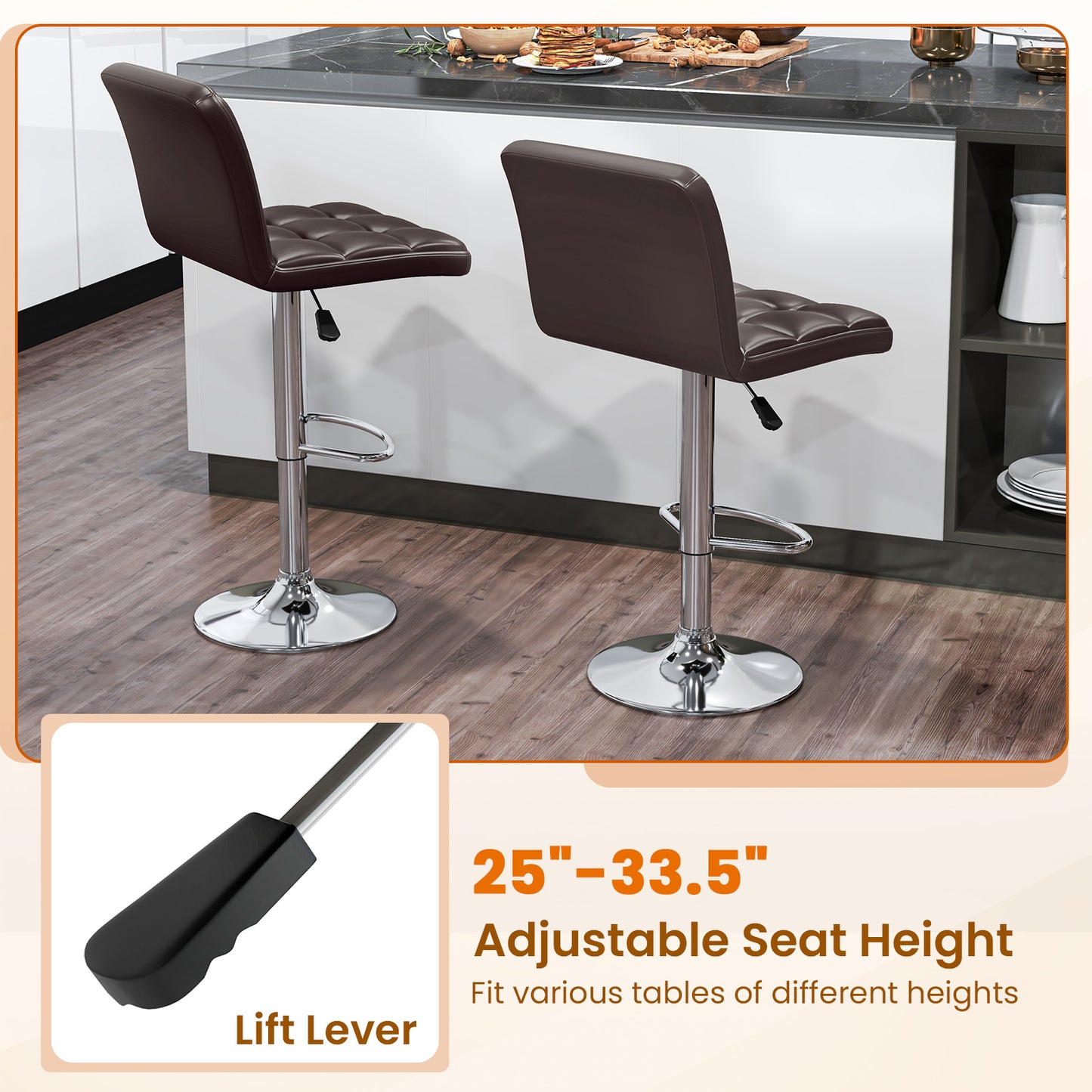 PU Leather Bar Stools, Set of 2, Adjustable Height, Brown Bar Stools at Gallery Canada