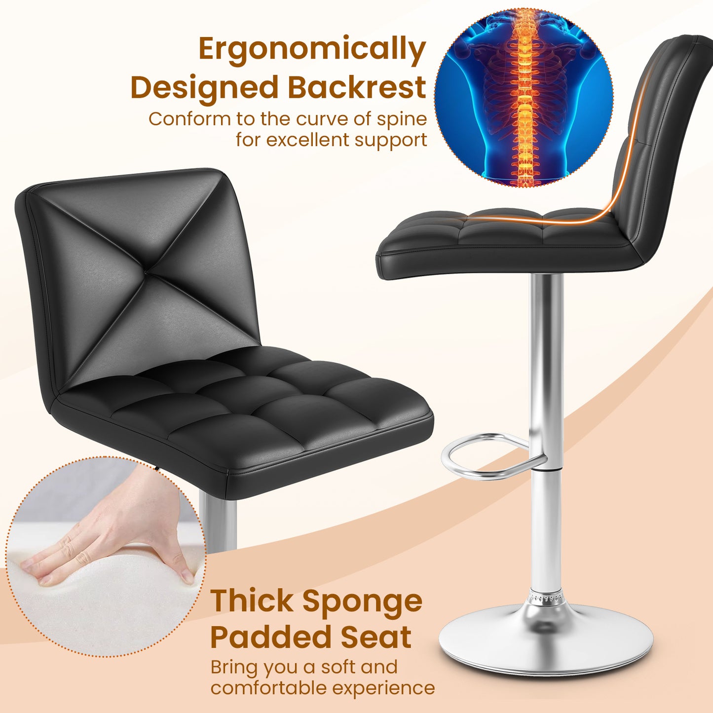 PU Leather Bar Stools Set of 2, Adjustable Height, Black Bar Stools at Gallery Canada