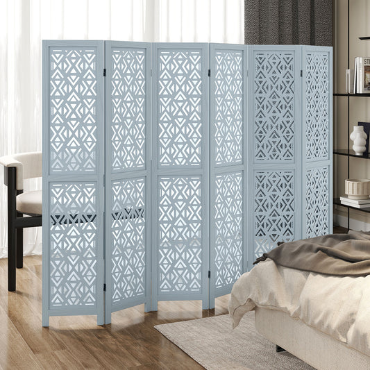 4/6 Panel Wooden Room Divider with Carved Cutout Pattern and Solid Wood Frame-6 Panel, Blue Room Dividers Blue - 6 Panel at Gallery Canada