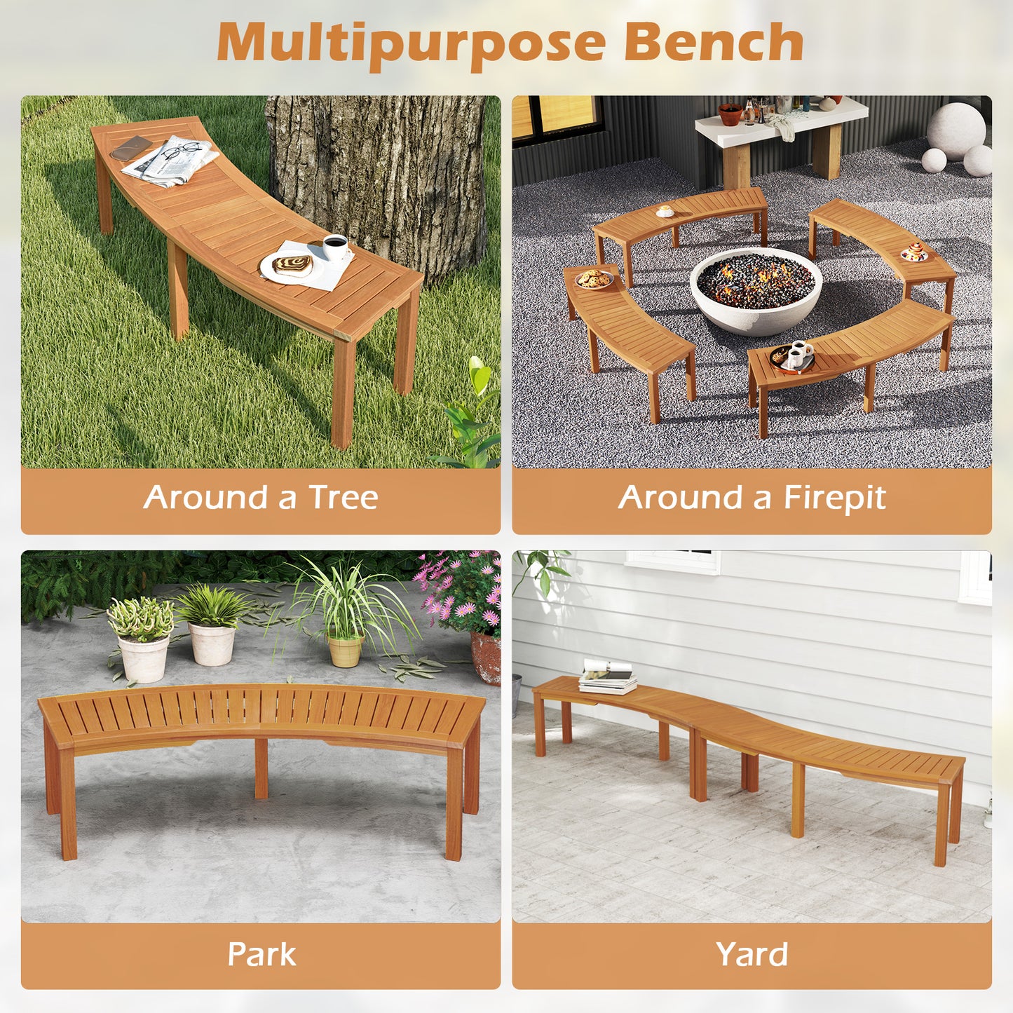 Curved Acacia Wood Fire Pit Bench, Slatted Seat, 1 Piece, Natural Outdoor Benches at Gallery Canada