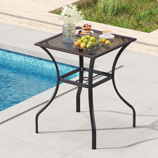 28.5 Inch Square Glass Top Table, Rattan Edging, Brown Patio Bar Furniture Brown at Gallery Canada
