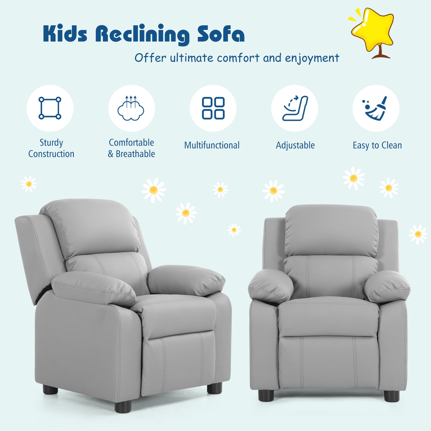 Kids Deluxe Headrest Recliner Sofa Chair with Storage Arms, Gray Kids Chairs & Seating at Gallery Canada