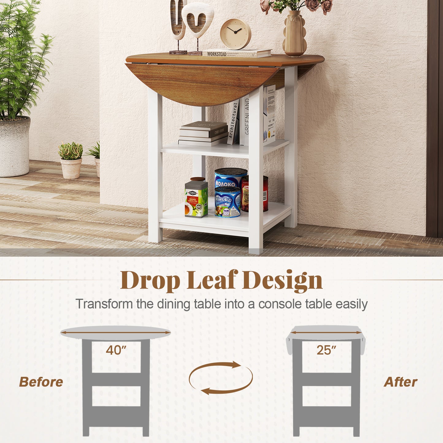 Folding Round Dining Table Drop Leaf Table with 2 Shelves for Small Spaces, White Dining Tables at Gallery Canada