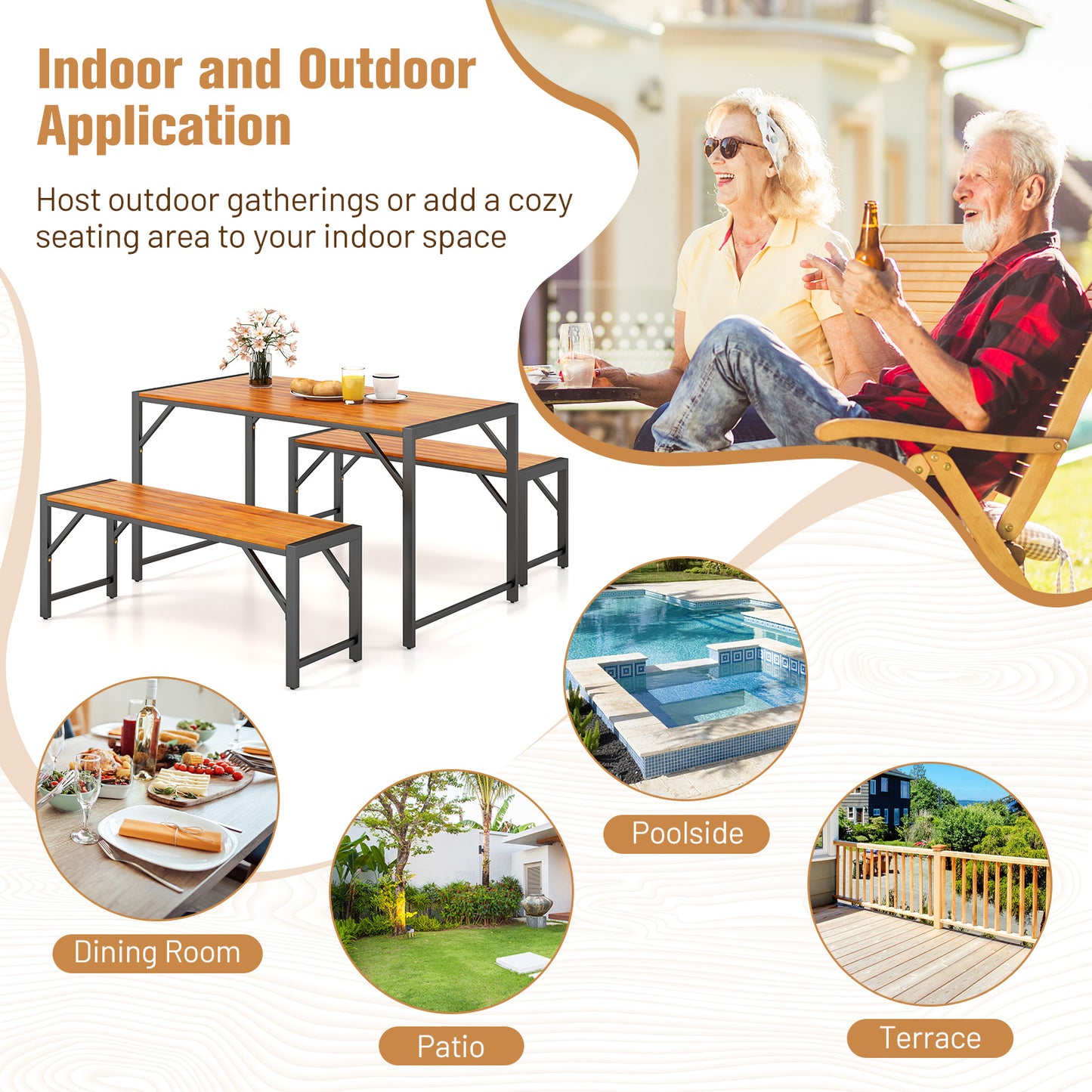 3 Piece Patio Dining Set, Acacia Wood Table And 2 Benches, Natural Patio Dining Sets at Gallery Canada