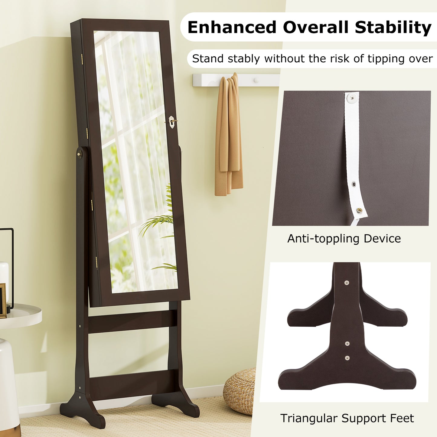 Lockable Mirrored Jewelry Cabinet with Stand and Led Lights, Brown Jewelry Armoires at Gallery Canada