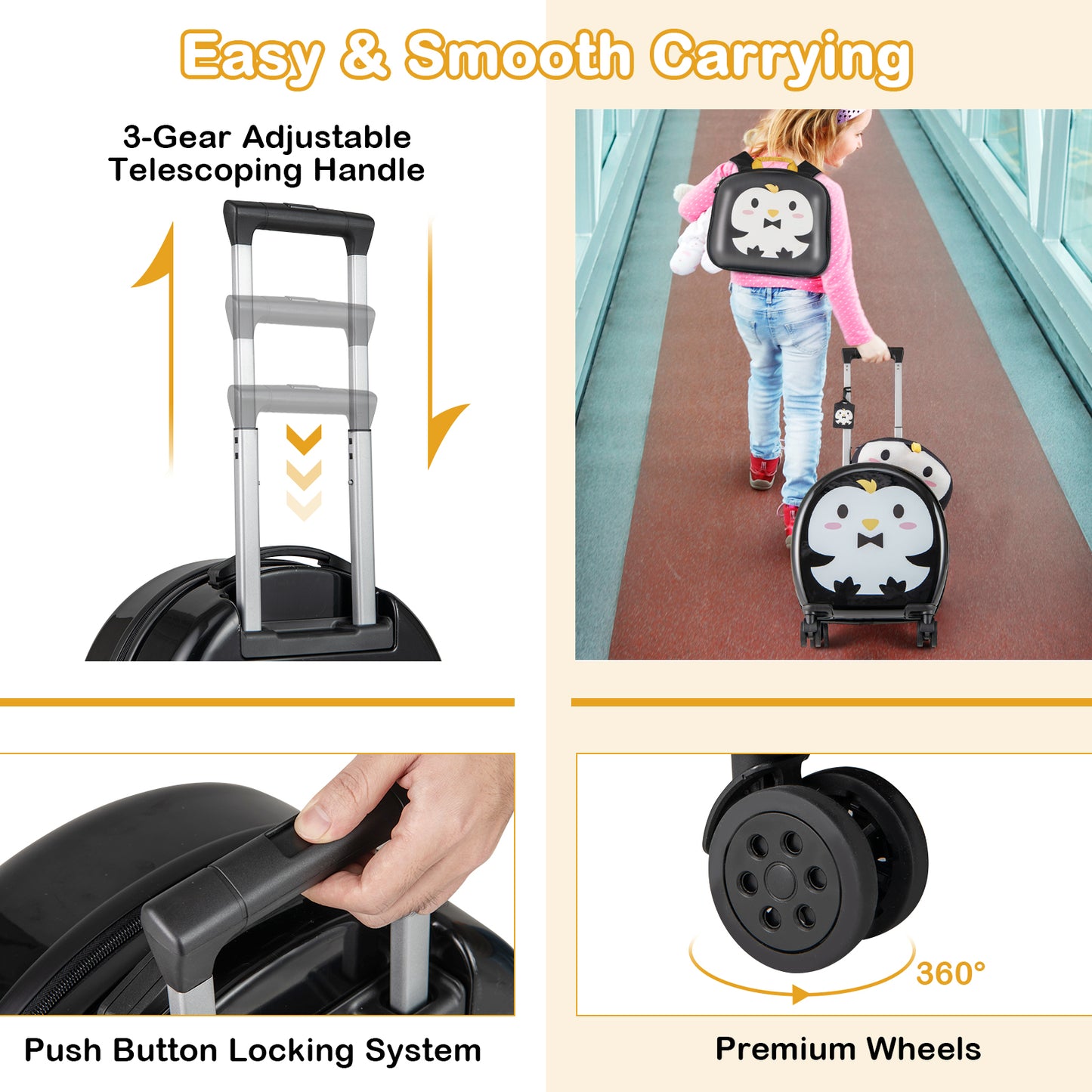 Kids Luggage Set with 14 Inches Carry-on Hardside Spinner Toddler Luggage and 10 Inches Backpack, Black Kids Luggage at Gallery Canada