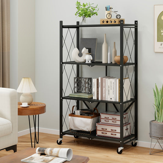 4-Tier Foldable Storage Shelf, Collapsible Rack With Lockable Wheels, Black Bookcases Black at Gallery Canada