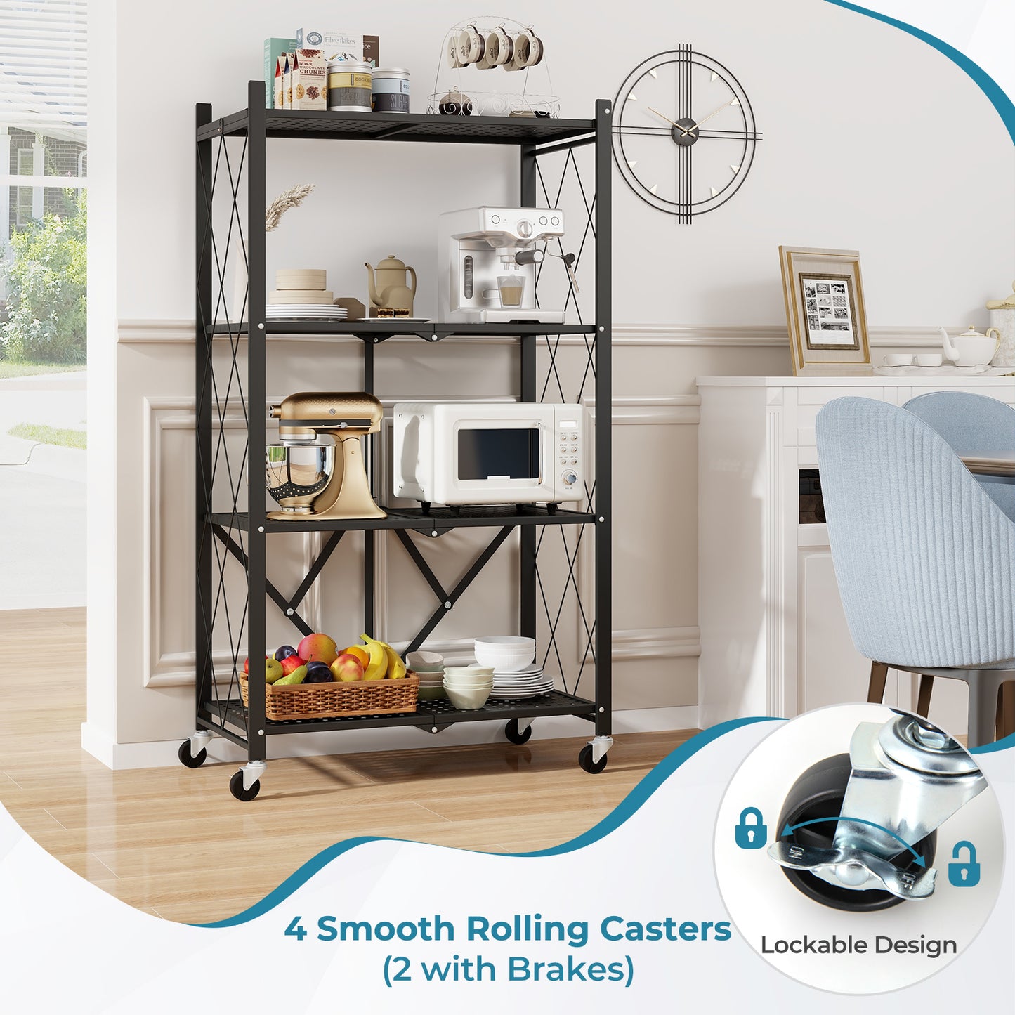 4-Tier Foldable Storage Shelf, Collapsible Rack With Lockable Wheels, Black Bookcases at Gallery Canada