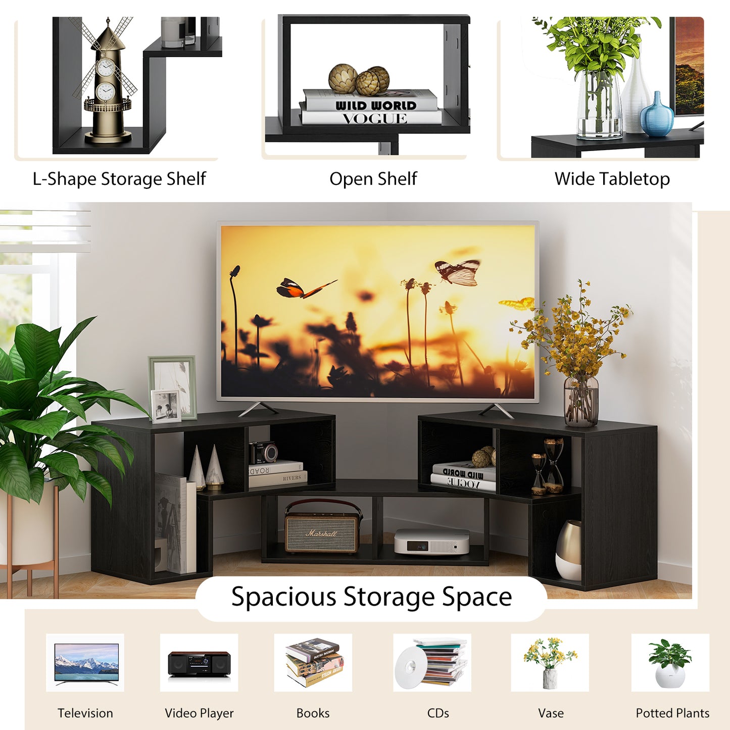 Support TV réglable pour téléviseurs de 65 pouces, Mixte, Grain de bois noir, Noir