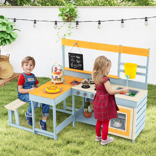 Fir Wood Play Kitchen, Picnic Table, Built-in Bench, Gray