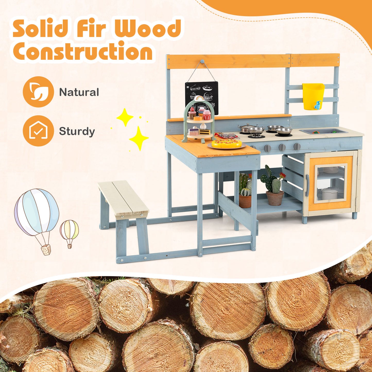 Fir Wood Play Kitchen with Kids Picnic Table and Built-in Bench-Grey, Gray Play Kitchen Sets at Gallery Canada