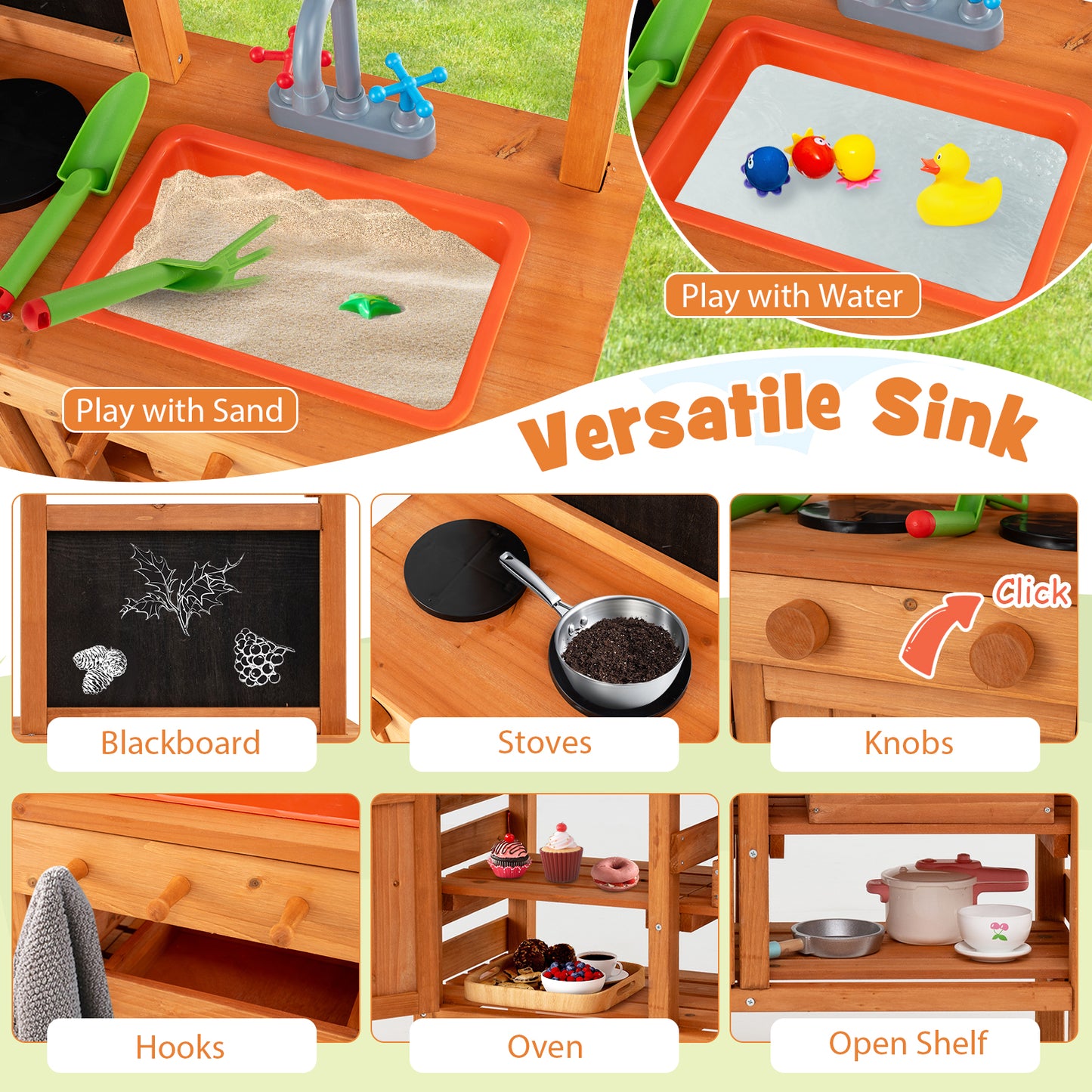 Wooden Pretend Play Kitchen with Height Adjustable Canopy for Kids, Natural Play Kitchen Sets at Gallery Canada