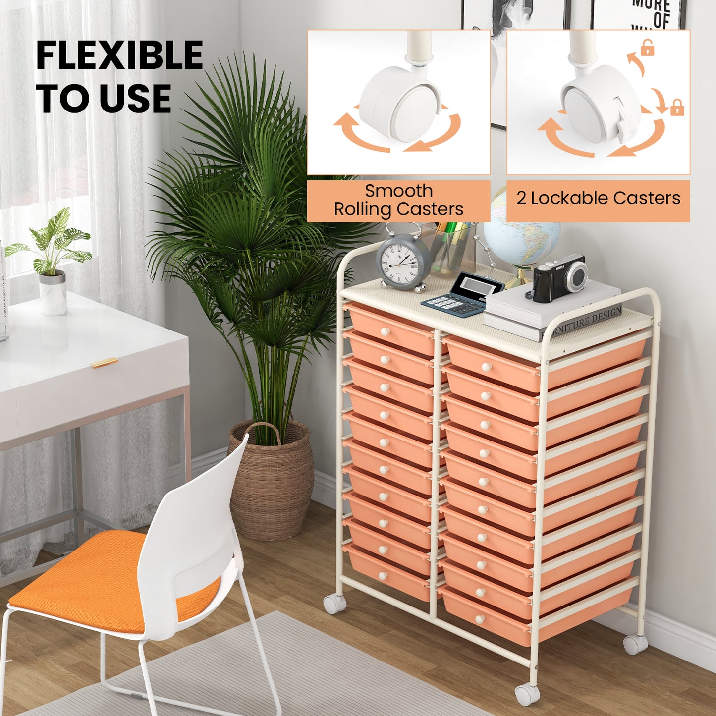 20 Drawers Rolling Storage Cart Studio Organizer, Peach File Cabinets at Gallery Canada