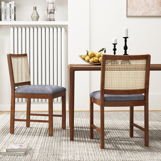Rattan Dining Chair Set Of 2, Rubber Wood Frame, Linen Fabric, Walnut Dining Chairs Walnut at Gallery Canada