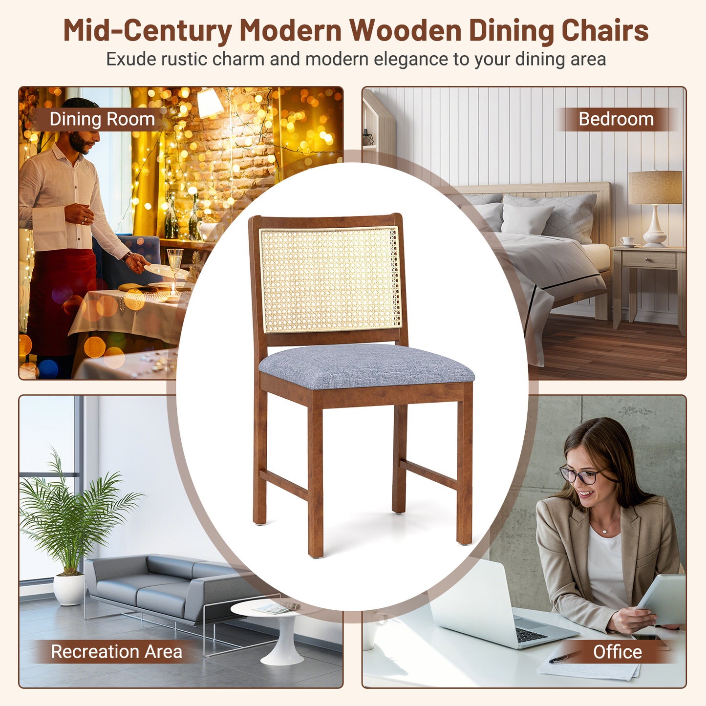 Rattan Dining Chair Set Of 2, Rubber Wood Frame, Linen Fabric, Walnut Dining Chairs at Gallery Canada