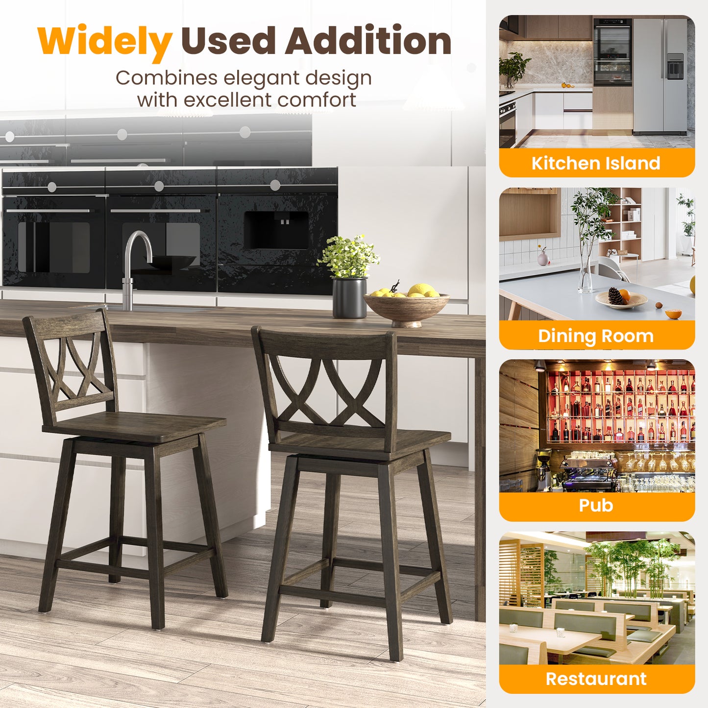 24/29 Inch Bar Stool Set of 2 Wooden Bar Chairs with Rubber Wood Frame-24 inches Bar Stools at Gallery Canada