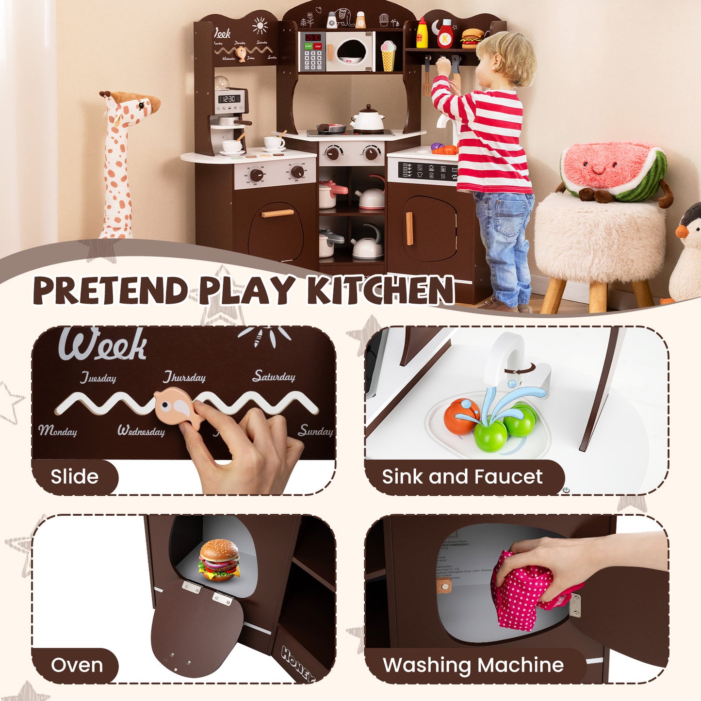 Corner Wooden Play Kitchen with Coffee Machine and Slide for Kids, Brown Play Kitchen Sets at Gallery Canada