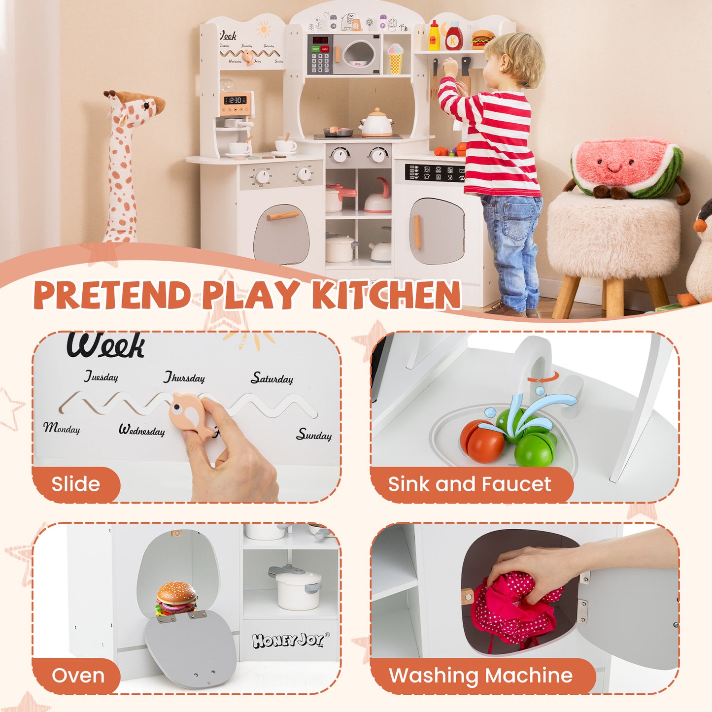 Corner Wooden Play Kitchen with Coffee Machine and Slide for Kids, White Play Kitchen Sets at Gallery Canada