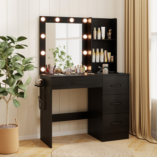 Vanity Desk With 3-Color Lights And Power Outlets, Black Dressers & Chests Black at Gallery Canada