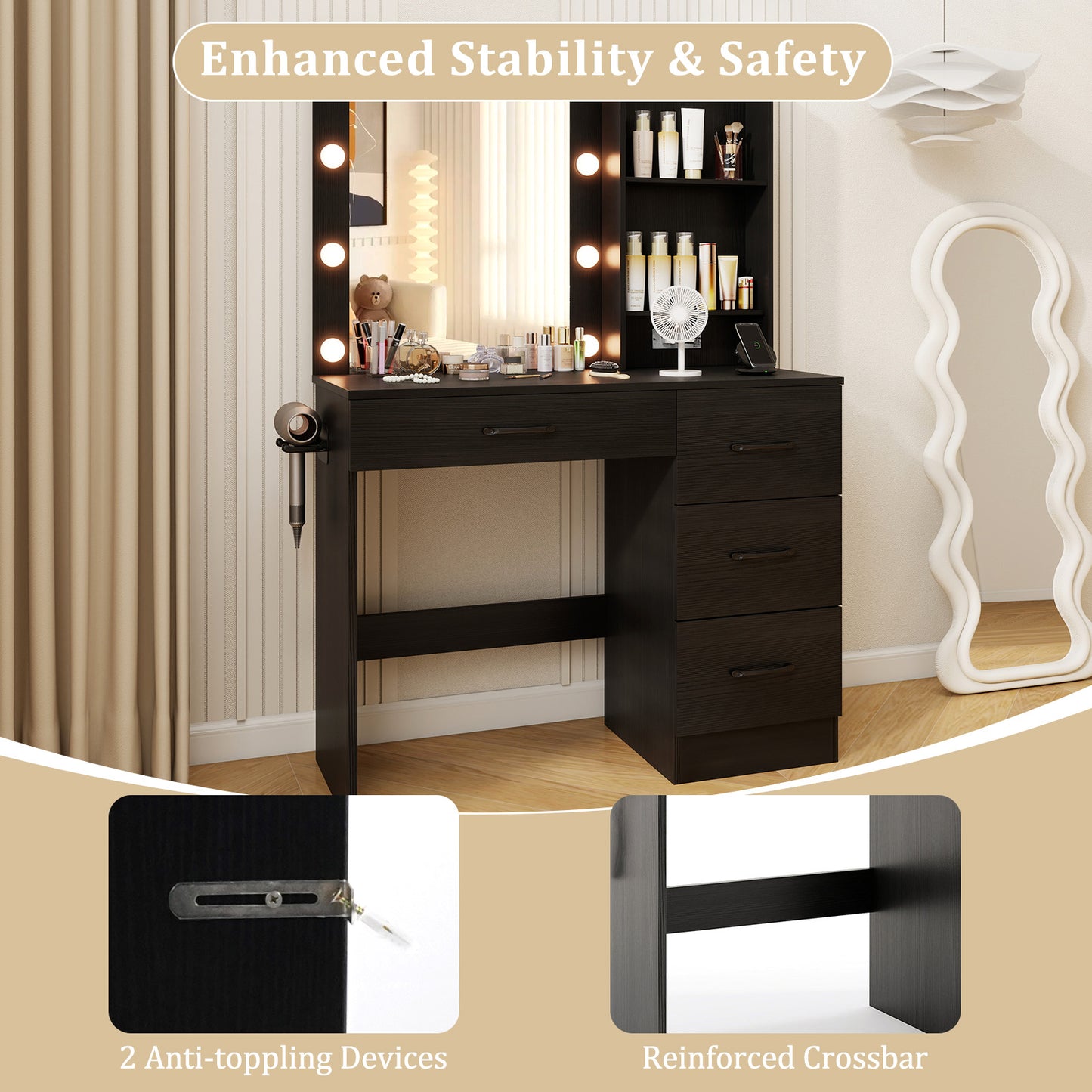 Vanity Desk with 3-Color Lights and Power Outlets, Black Dressers & Chests at Gallery Canada
