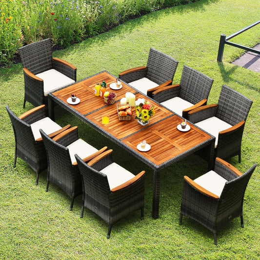 9-Piece Rattan Patio Dining Set, Acacia Wood Table, Cushioned Chairs, Gray Patio Dining Sets Gray at Gallery Canada
