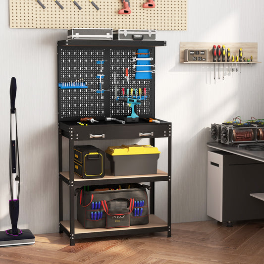 Tool Storage Workbench with Pegboard with 14 Hanging Accessories for Garage-Black and Blue, Blue Garages Blue at Gallery Canada