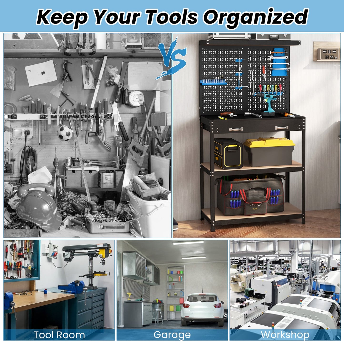 Tool Storage Workbench With Pegboard, 14 Accessories, Black And Blue Garages at Gallery Canada