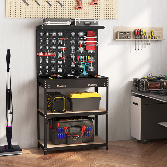 Tool Storage Workbench with Pegboard with 14 Hanging Accessories for Garage-Black and Red, Red Garages Red at Gallery Canada