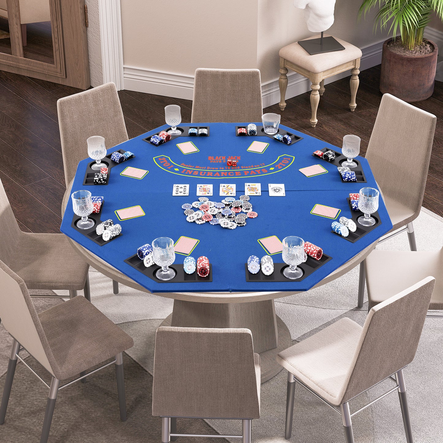 48 Inch 8-Player Foldable Poker Table Top with Carrying Bag and Cup Holders, Blue Game Room at Gallery Canada