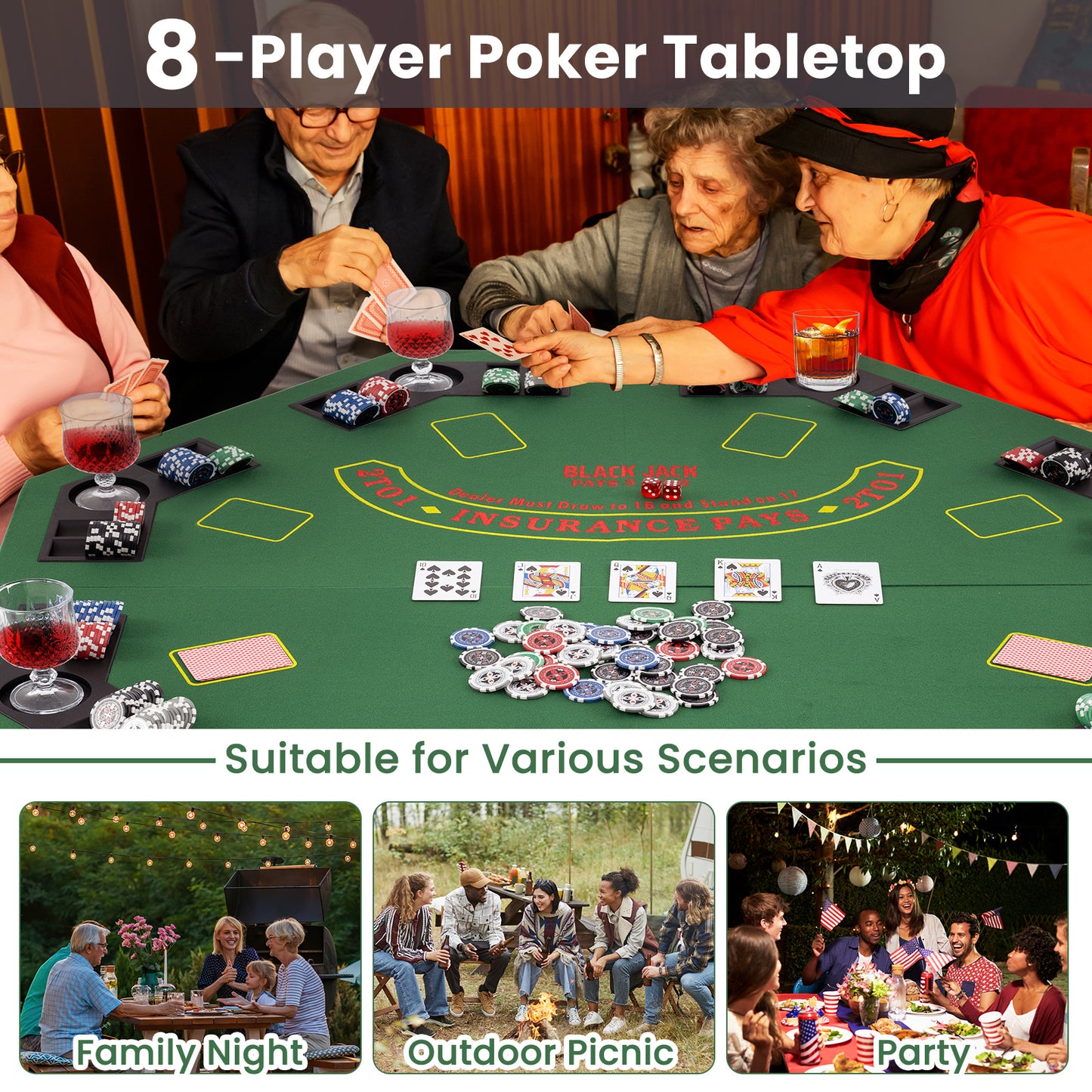 48 Inch 8-Player Foldable Poker Table Top with Carrying Bag and Cup Holders, Green Game Room at Gallery Canada