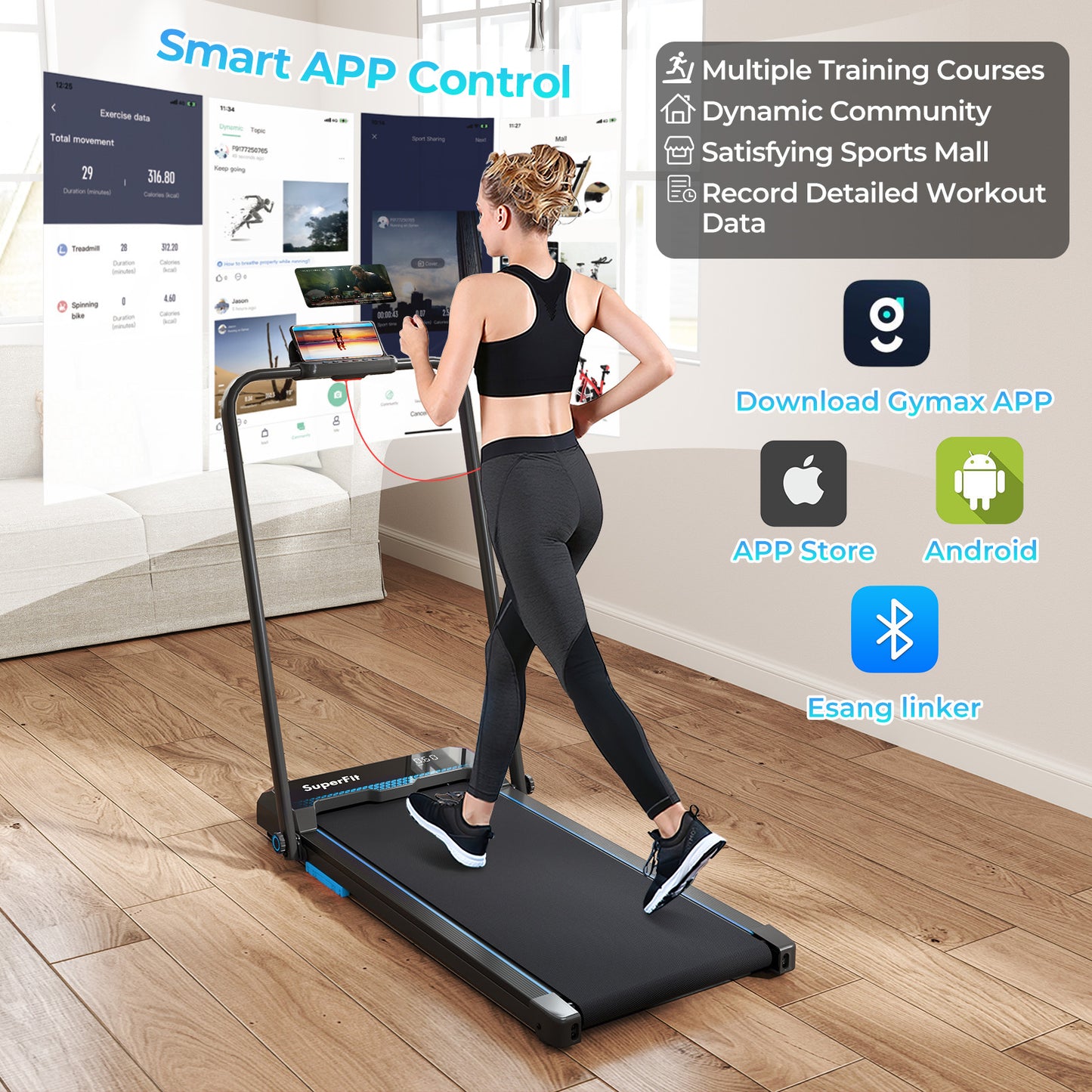 3 In 1 Folding Treadmill With Remote Control, LED Display, Blue Treadmills at Gallery Canada