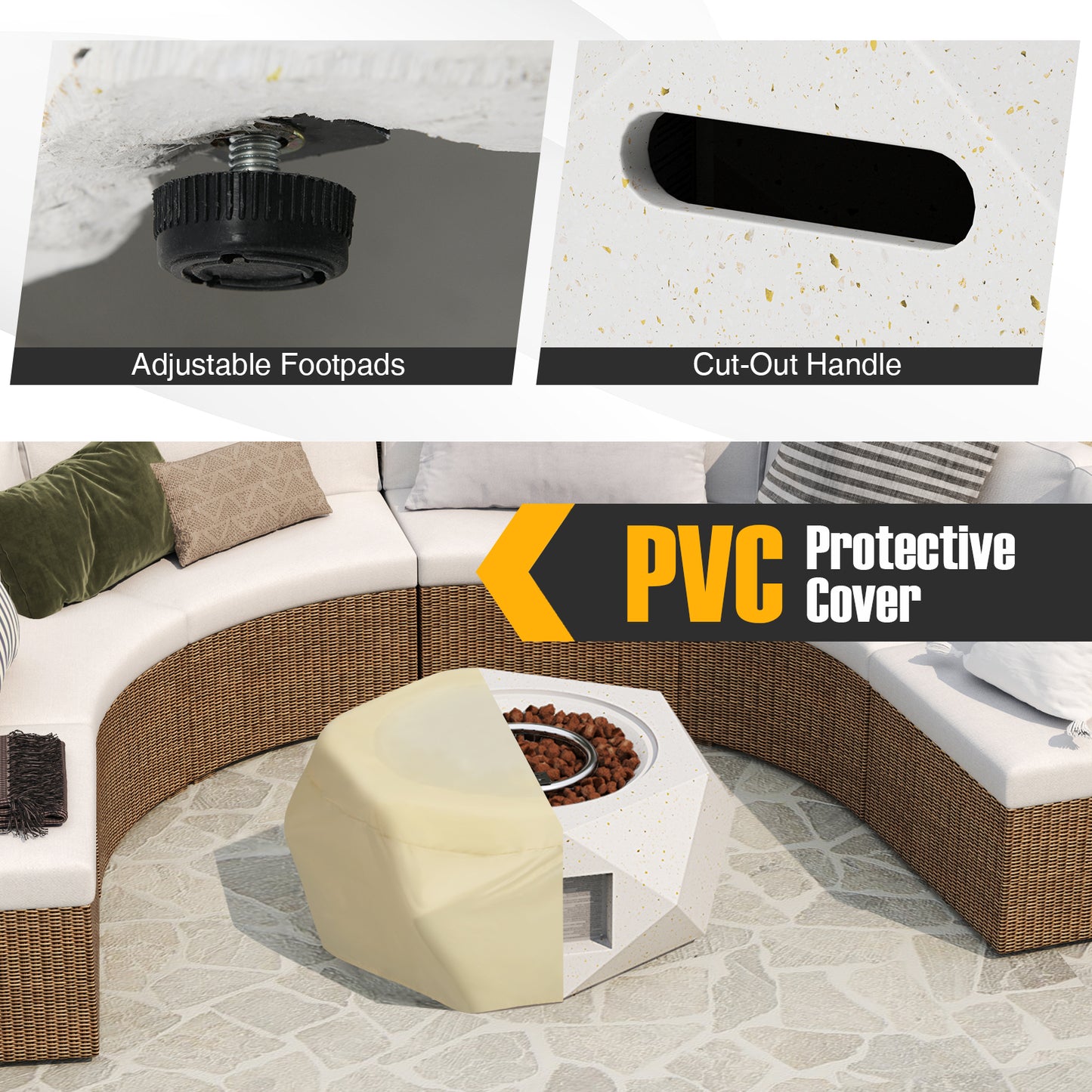28 Inch Hexagon Terrazzo Propane Fire Pit Table, 40000 BTU, White Fire Pit Tables at Gallery Canada