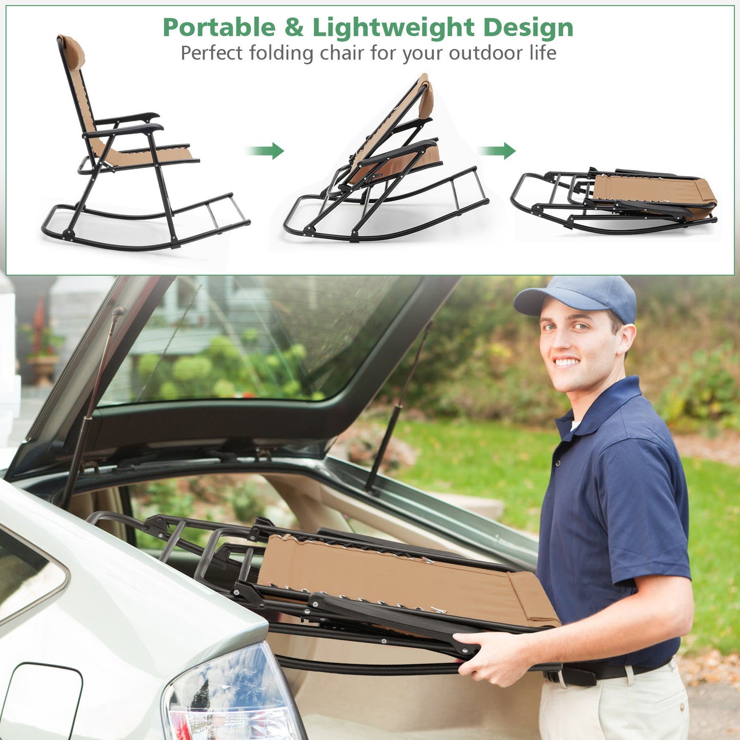 Outdoor Patio Folding Zero Gravity Rocking Chair, Beige Patio Rocking Chairs & Gliders at Gallery Canada