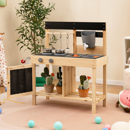 Kids Mud Kitchen Playset, Outdoor Play Kitchen, 2 Removable Sinks, Natural