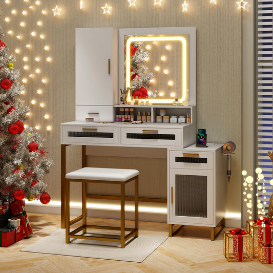 Makeup Vanity Desk Dressing Table and Stool Set with Lighted Mirror, White Makeup Vanities White at Gallery Canada