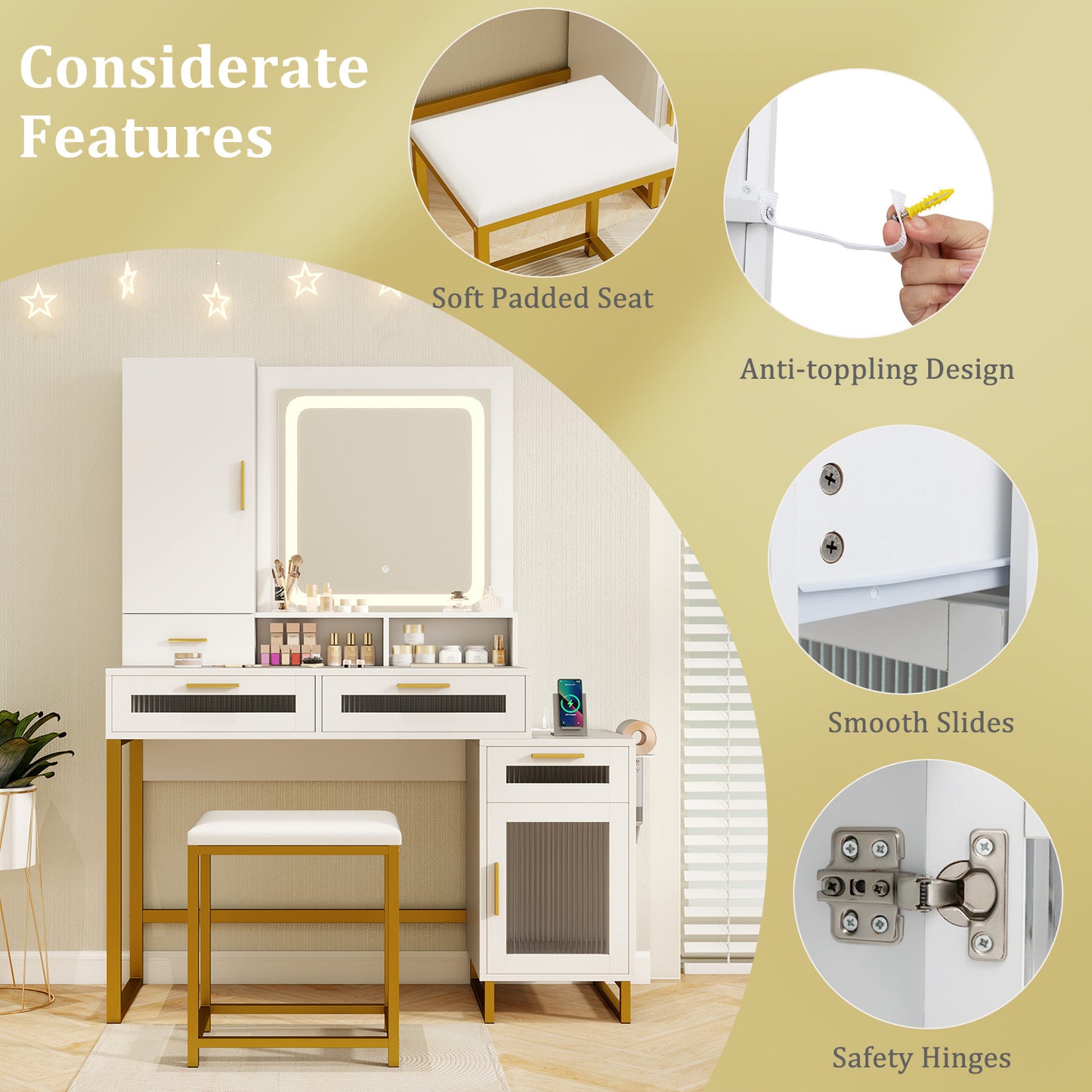 Makeup Vanity Desk Dressing Table and Stool Set with Lighted Mirror, White Makeup Vanities at Gallery Canada