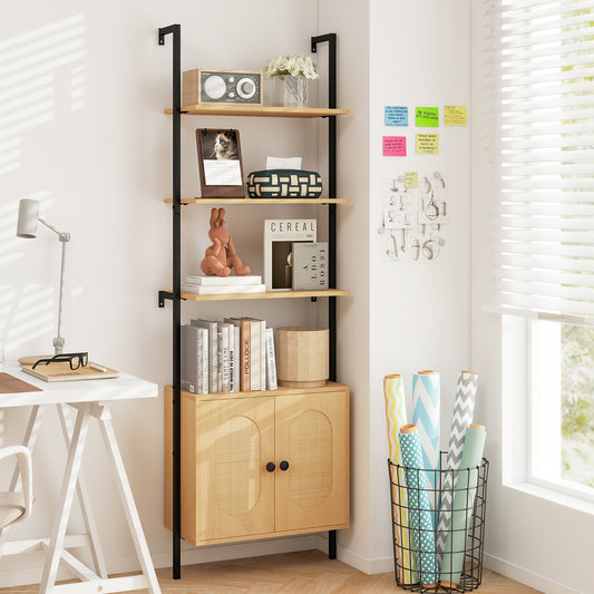72.5 Inch 6-Tier Wall Mounted Ladder Bookshelf, Rattan Cabinet, Natural Bookcases Natural at Gallery Canada
