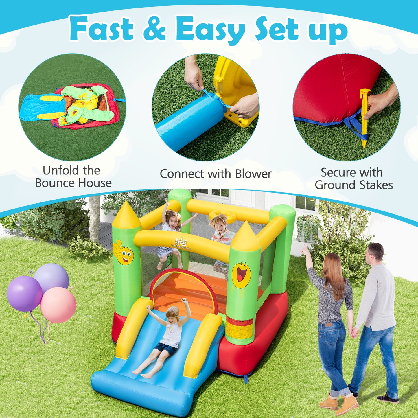 Inflatable Bounce House Kids Blow-up Bouncer with Slide with 480W Blower, Multicolor Bounce House at Gallery Canada