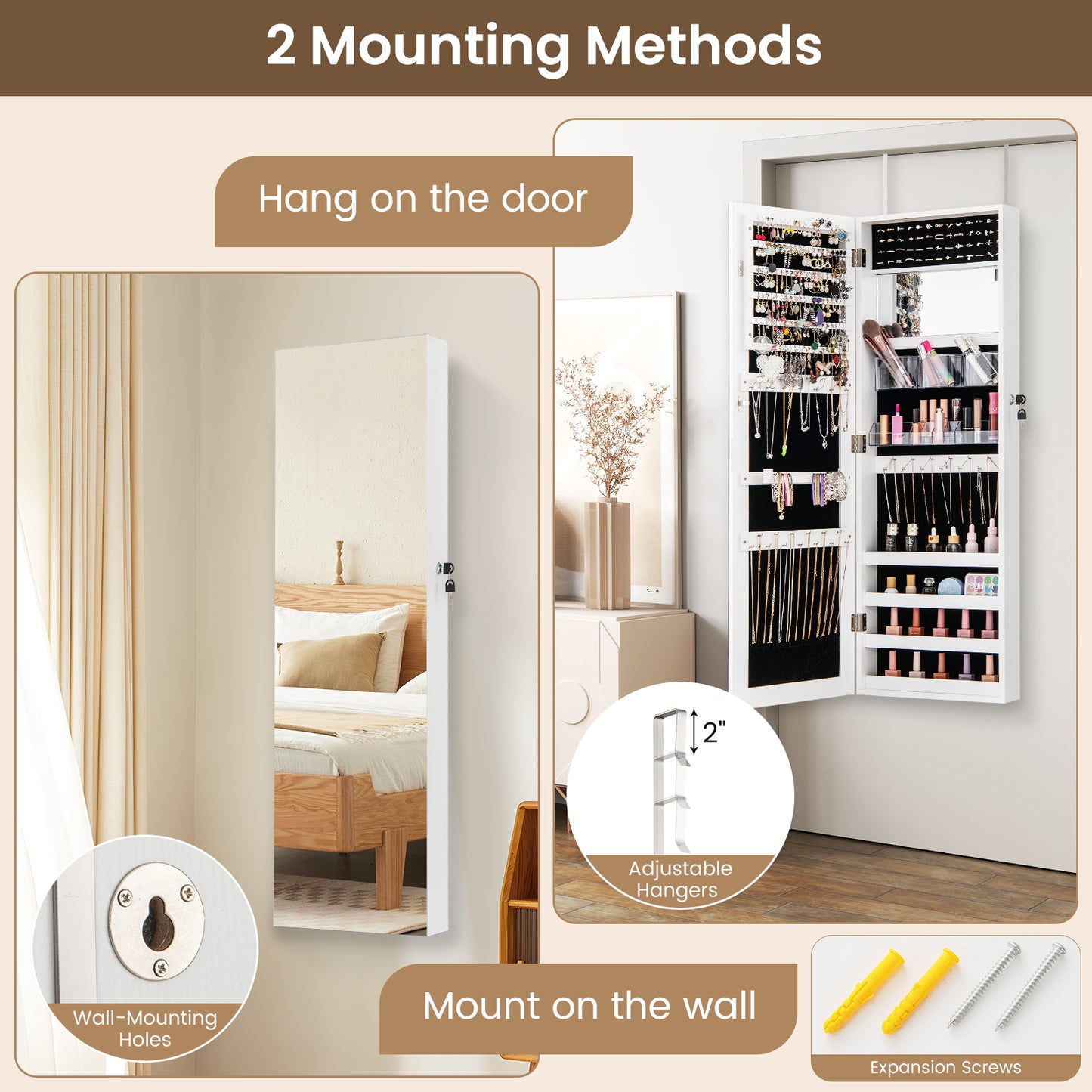43.5 Inch Jewelry Mirror Cabinet, Full-Length Mirror, Adjustable Hangers, White Jewelry Armoires at Gallery Canada
