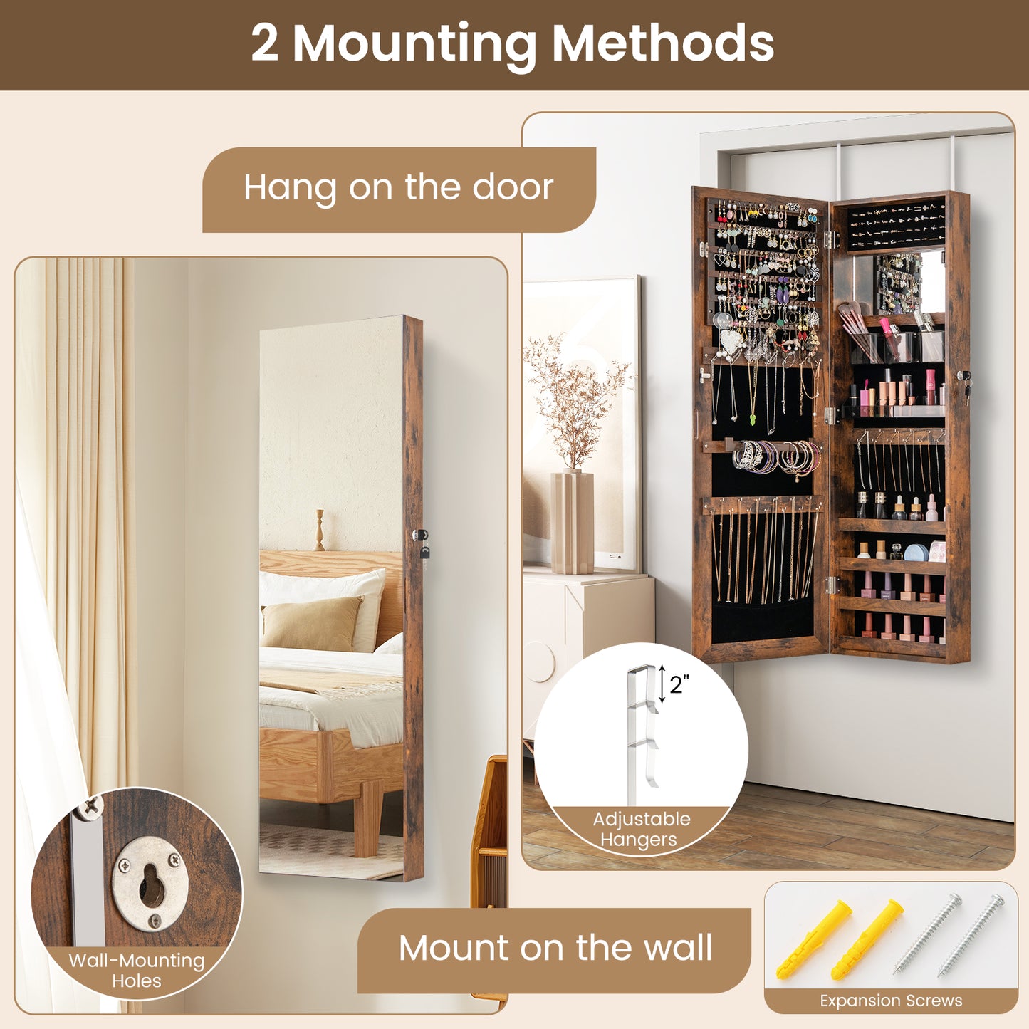 43.5 Inch Jewelry Mirror Cabinet, Full-Length Mirror, Adjustable Hangers, Rustic Brown Jewelry Armoires at Gallery Canada