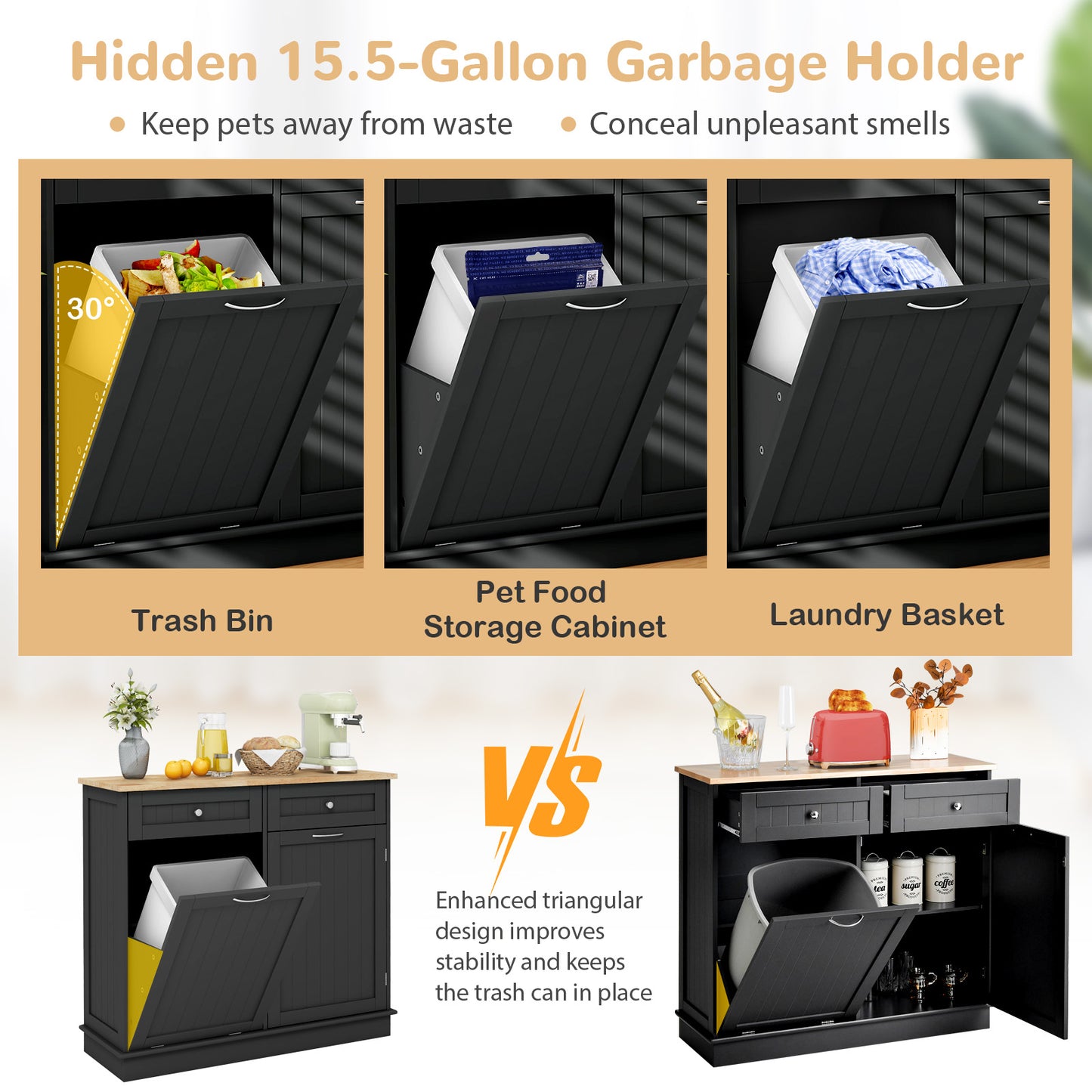 Kitchen Tilt Out Trash Cabinet with 2 Drawers and Adjustable Shelf, Black Sideboards Cabinets & Buffets at Gallery Canada