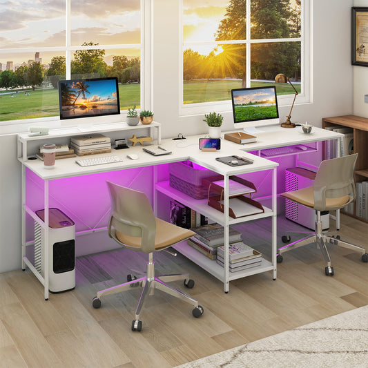 2-Person Reversible Computer Desk, With LED Lights, White Computer Desks White at Gallery Canada