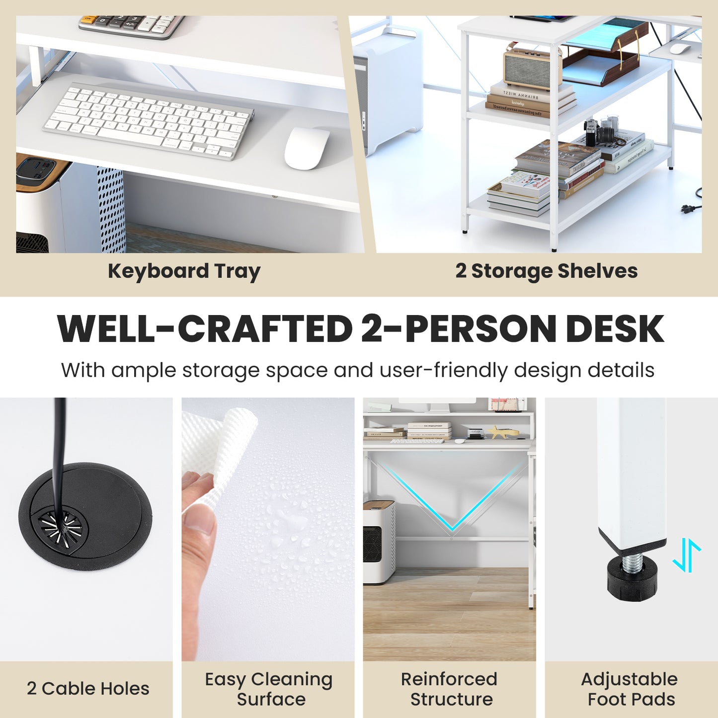 2-Person Reversible Computer Desk, With LED Lights, White Computer Desks at Gallery Canada
